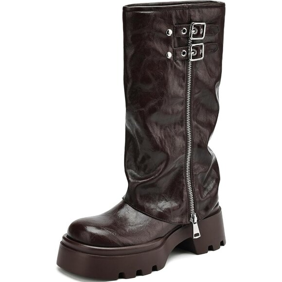 ⚡Women's Brown Leather Knee High Riding Boot Chunky Platform Low Heel Round Toe - Picture 1 of 5